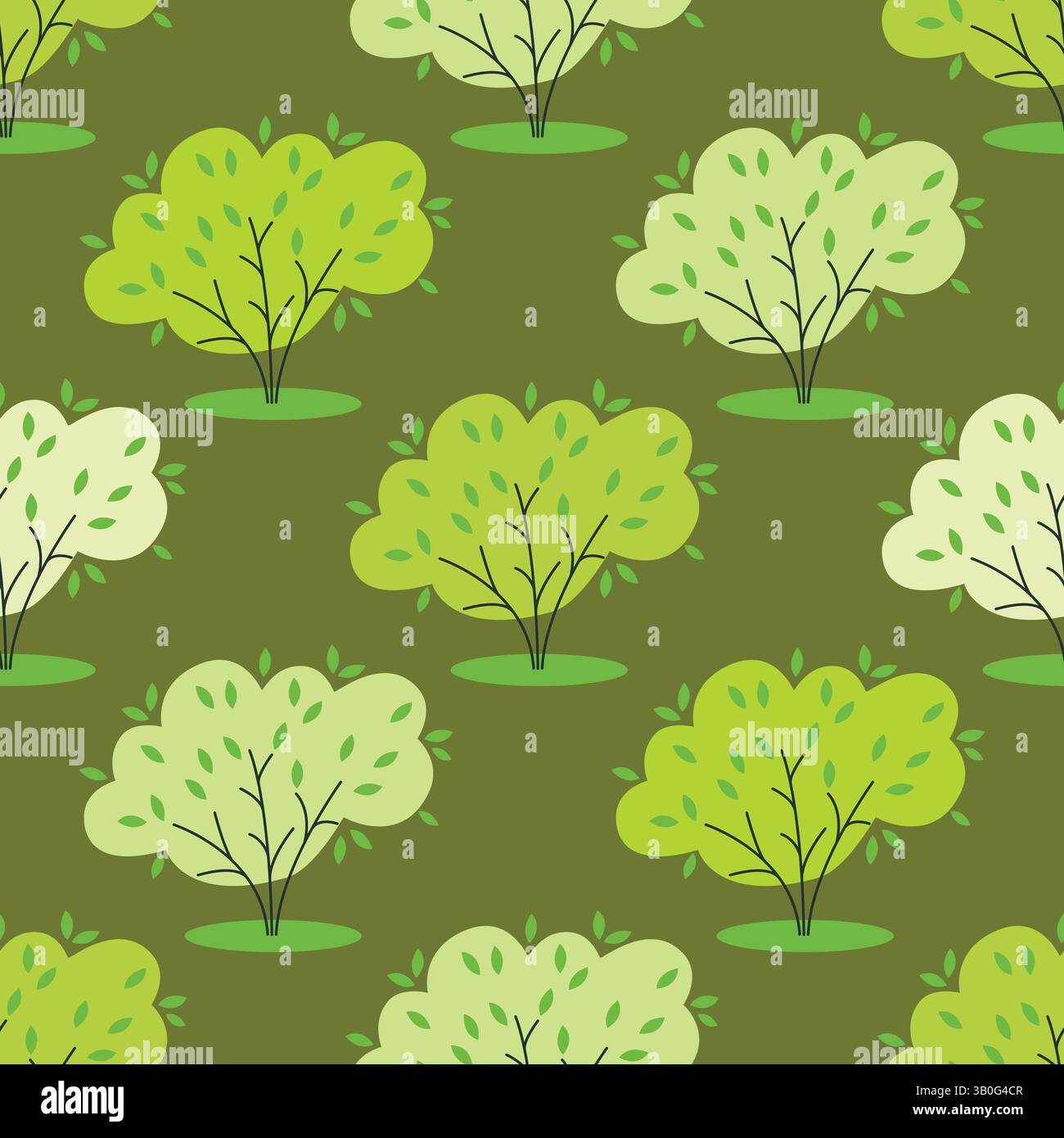 Sfondo naturale con cespugli e alberi. Giovane foresta estiva senza cuciture. Eco stampa botanica per tessuti, carta, imballaggi. Grafica vettoriale Illustrazione Vettoriale