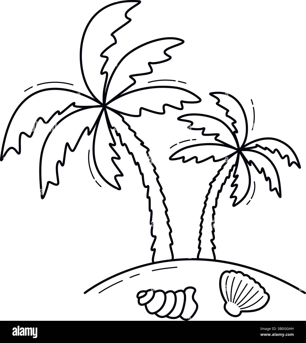Palme su un'isola con conchiglie boodle schizzo ancora illustrazione. Arte clip contorno albero tropicale esotico. Elemento vettoriale Illustrazione Vettoriale