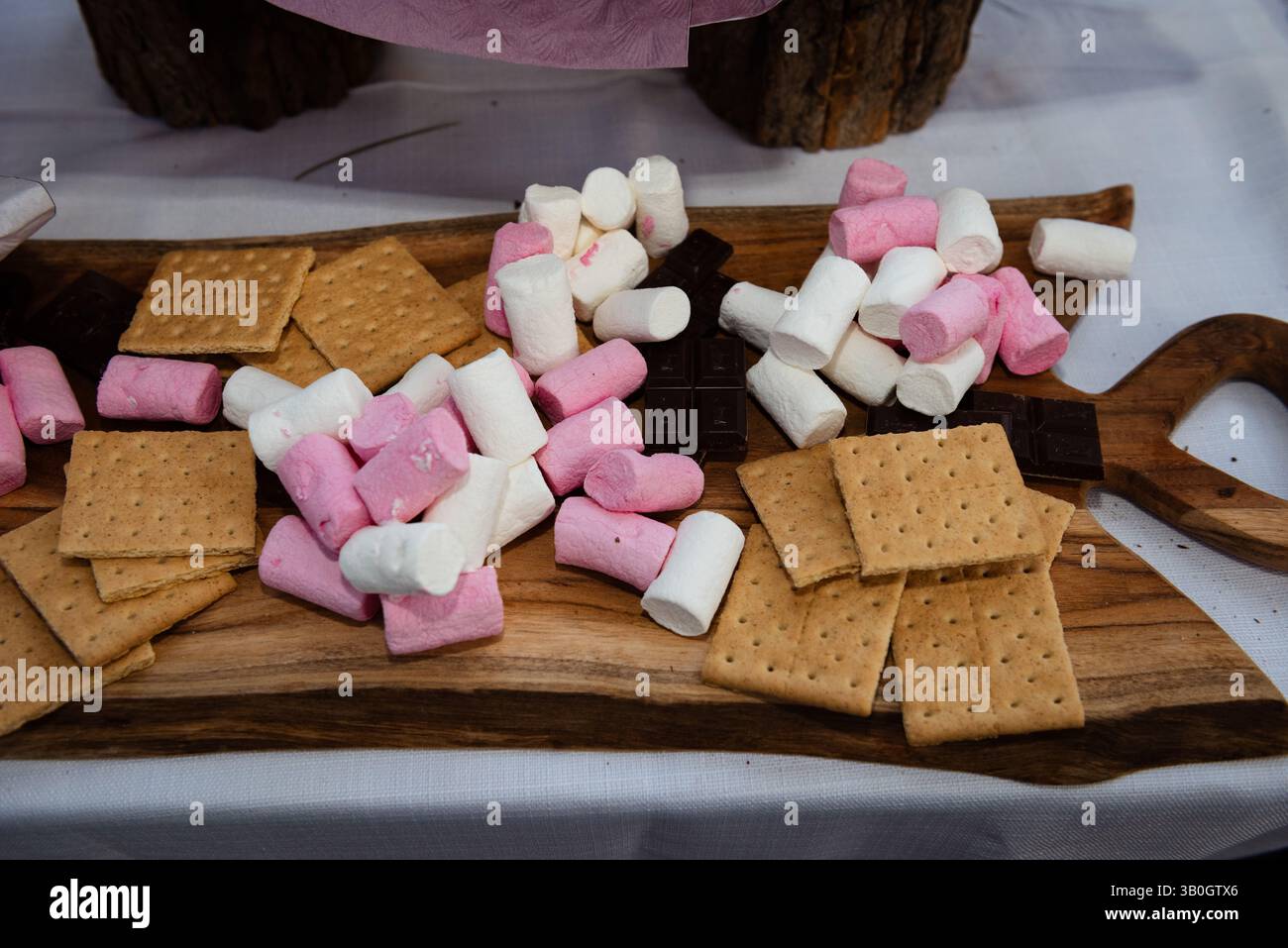 Ingredienti per i più famosi dolciumi, tra cui marshmallow, cioccolato e biscotti graham. Foto Stock