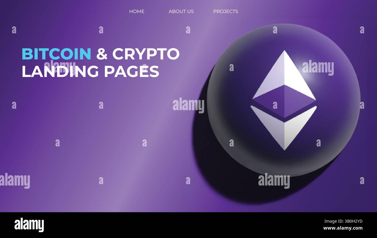 Design di landing page Bitcoin e crypto con icona Ethereum su futuristico sfondo viola sfumato Illustrazione Vettoriale