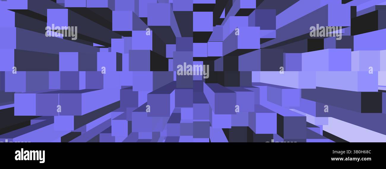 Illustrazione 3D astratta di blocchi rettangolari viola che formano una prospettiva del tunnel. Perfetto per temi di design tecnologico, digitale e fantascientifico. Banner Foto Stock Illustrazione 3D astratta di blocchi rettangolari viola che formano una prospettiva del tunnel. Perfetto per temi di design tecnologico, digitale e fantascientifico. Banner Foto Stock