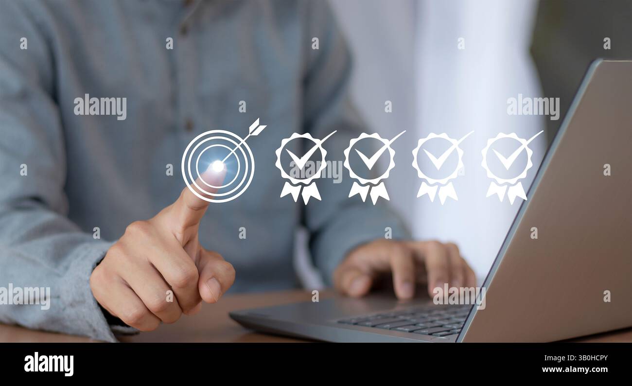 Concetto di certificazione e controllo qualità standard. Foto Stock