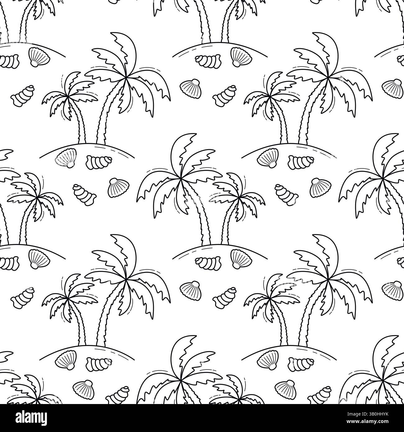 Stampa estiva con palme e conchiglie. Illustrazione con contorno nero. Motivo senza cuciture sul tema spiaggia in stile doodle sketch. Sfondo tropico Illustrazione Vettoriale