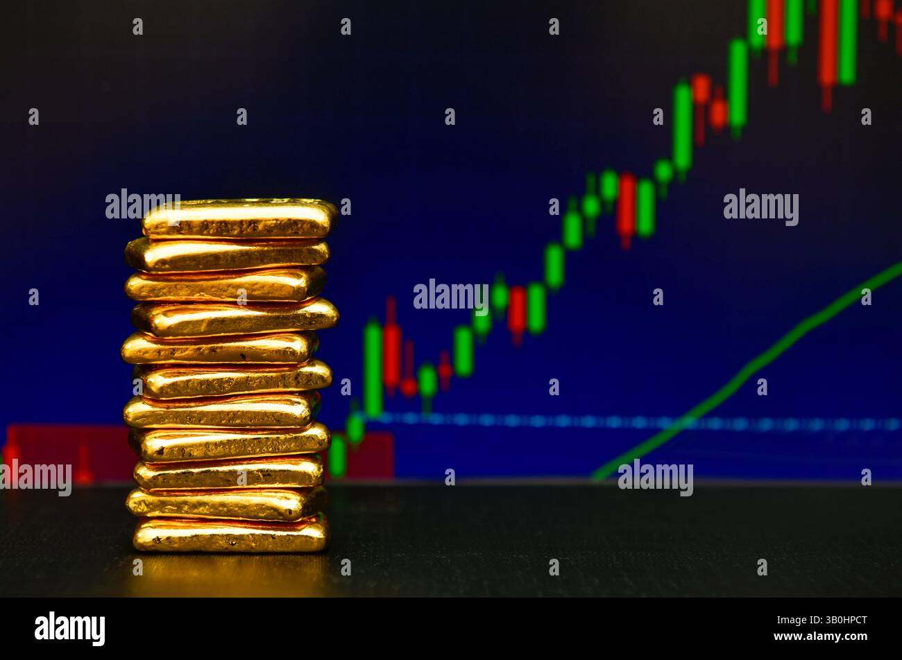 Foto a oro barre lo sfondo del grafico a candelabro , fluttuazioni del concetto di prezzo dell' oro. Foto Stock