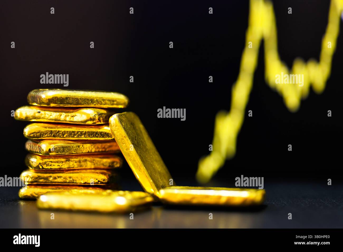 Foto a oro barre lo sfondo del grafico a candelabro , fluttuazioni del concetto di prezzo dell' oro. Foto Stock