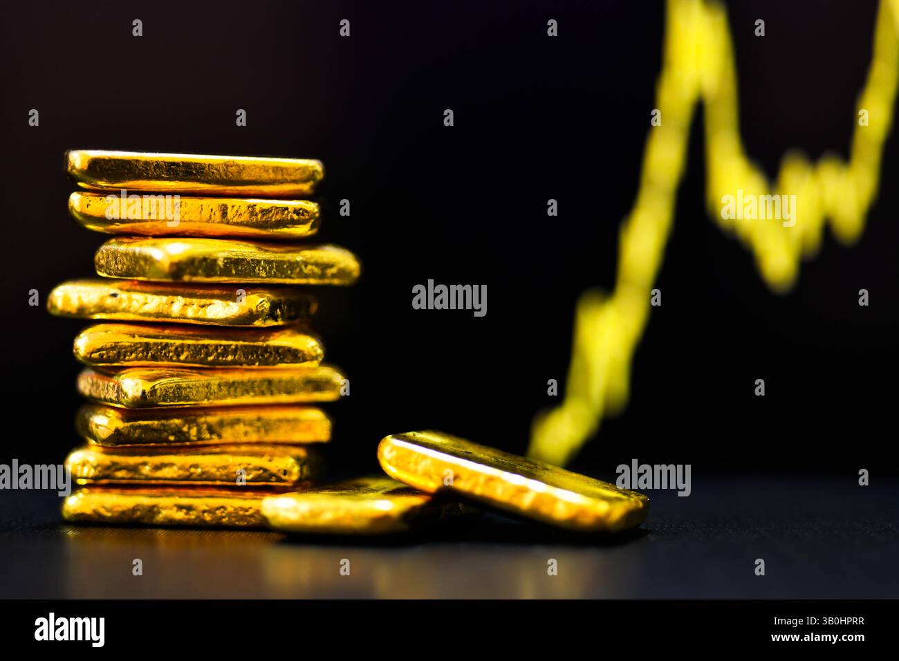 Foto a oro barre lo sfondo del grafico a candelabro , fluttuazioni del concetto di prezzo dell' oro. Foto Stock