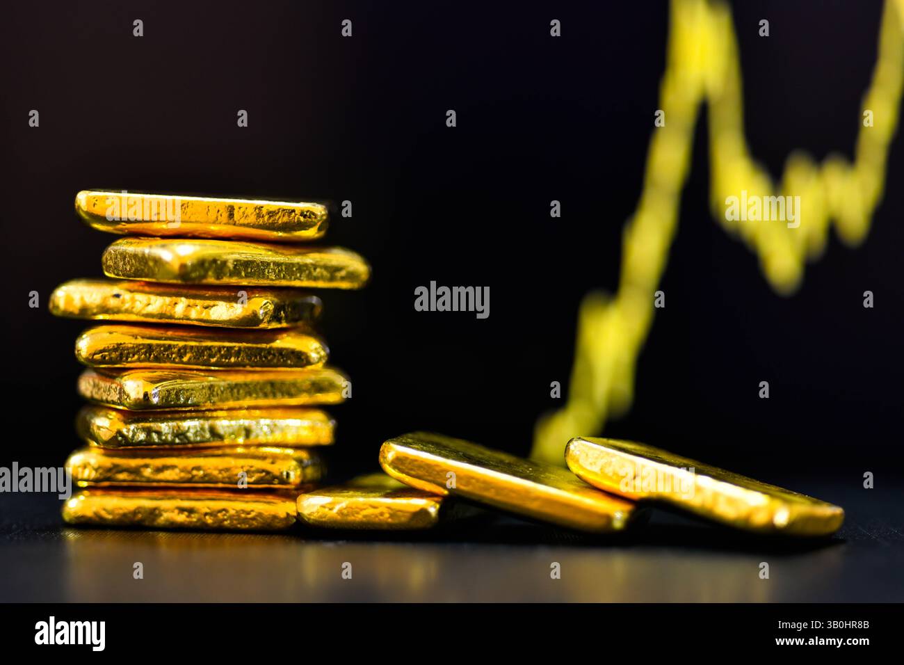 Foto a oro barre lo sfondo del grafico a candelabro , fluttuazioni del concetto di prezzo dell' oro. Foto Stock