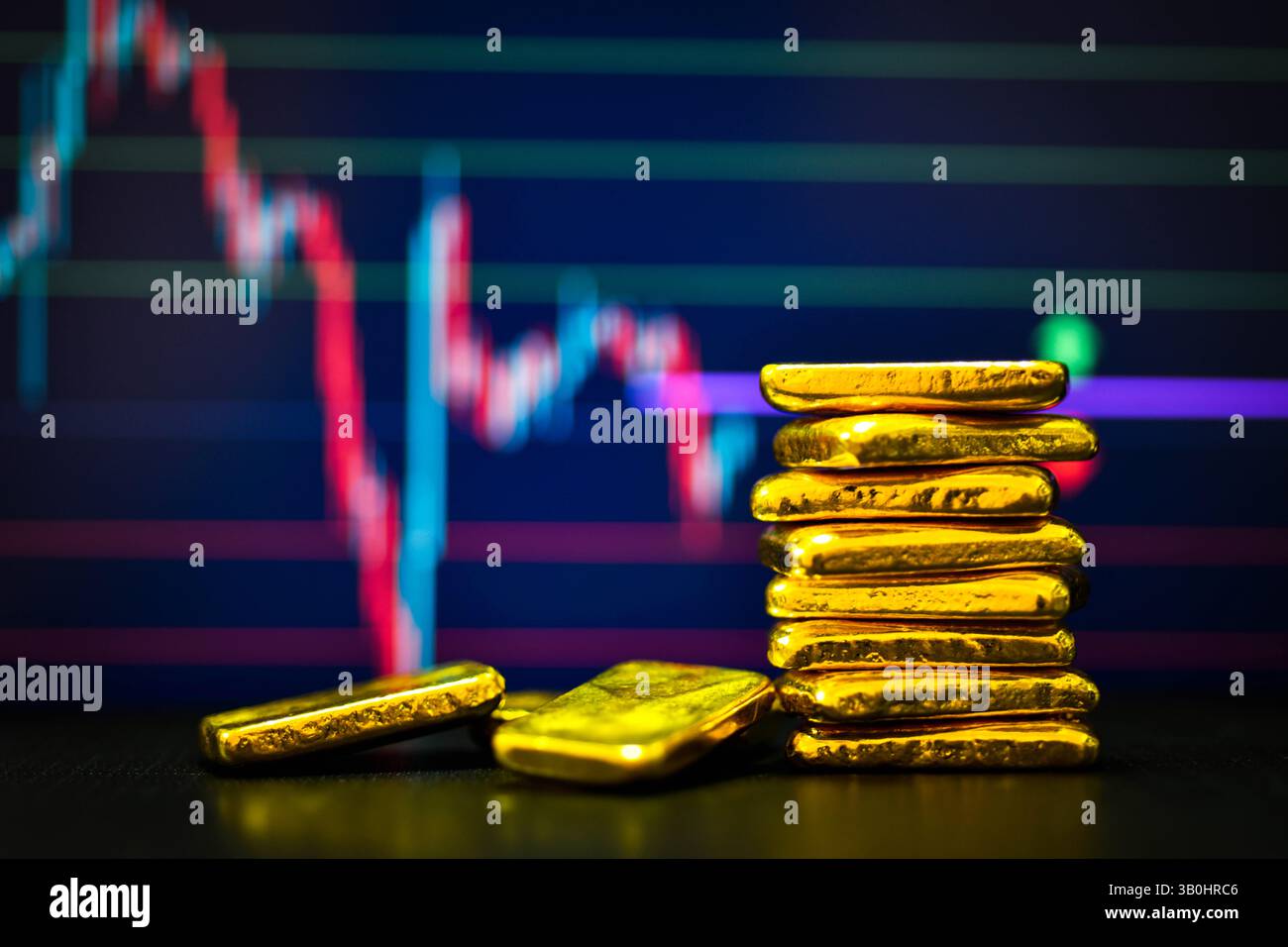 Foto a oro barre lo sfondo del grafico a candelabro , fluttuazioni del concetto di prezzo dell' oro. Foto Stock