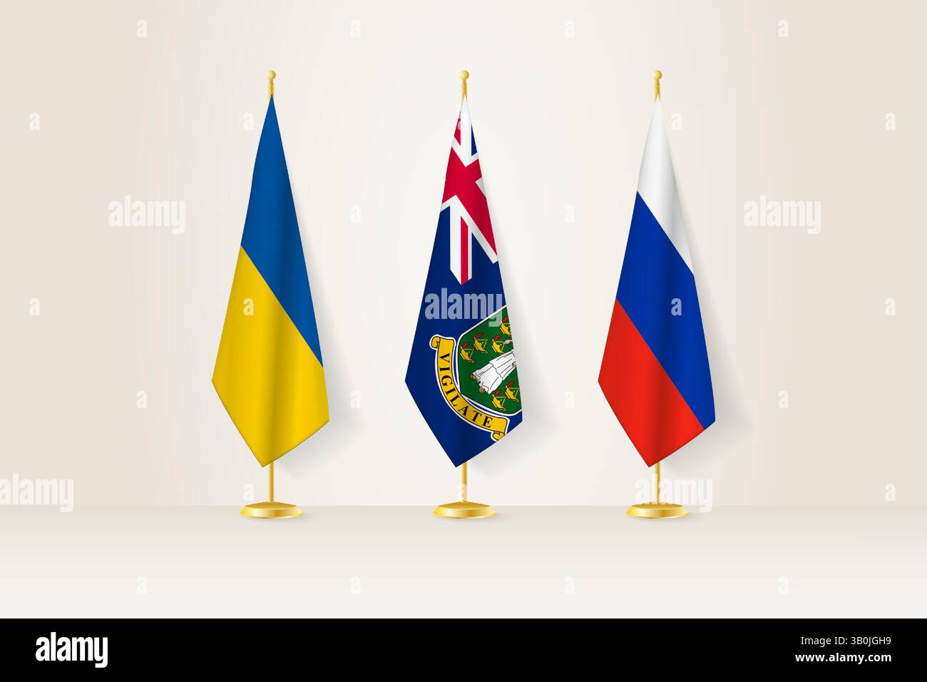 Rappresentanza diplomatica d'incontro, Ucraina, Isole Vergini britanniche e bandiere della Russia. Bandiere sulle tribune diplomatiche. Illustrazione vettoriale. Illustrazione Vettoriale