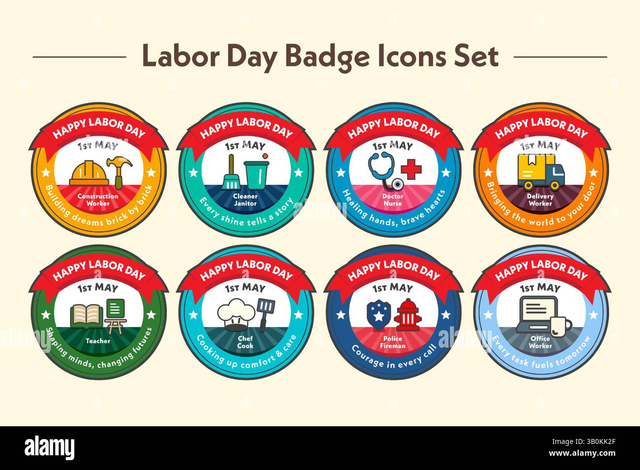 Un set colorato di 8 distintivi per la Festa dei lavoratori che celebrano varie professioni con icone e slogan, perfetti per onorare i lavoratori a maggio. Illustrazione Vettoriale