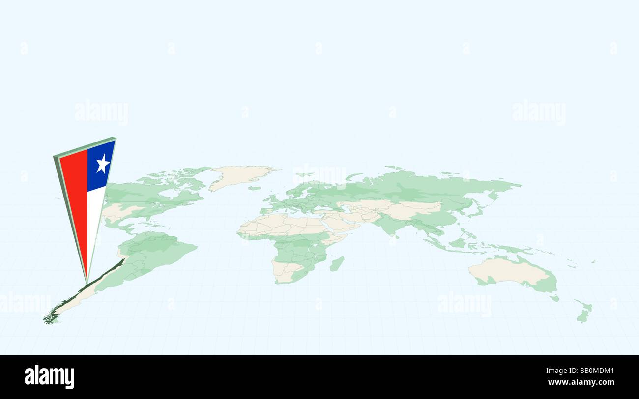 Cile evidenziato sulla mappa globale con spillo di localizzazione della bandiera 3D. L'immagine simboleggia viaggi, geografia, identità internazionale e navigazione globale Illustrazione Vettoriale