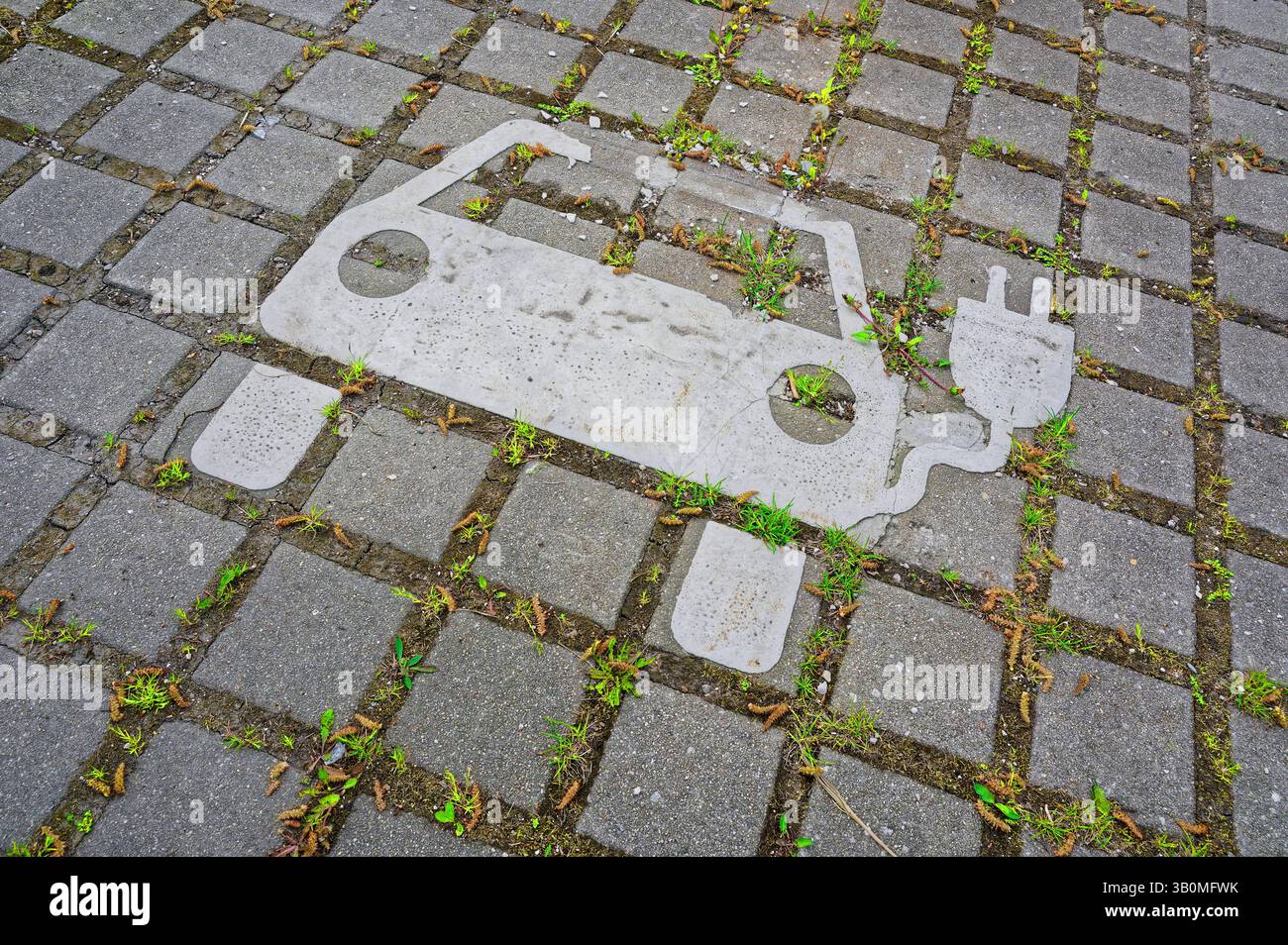 Grüne energie. Kleine Pflanzen haben ihren Platz an einem Piktogramm einer Ladestation für e-Autos gefunden. Siegsdorf Bayern Deutschland *** i piccoli impianti a energia verde hanno trovato il loro posto su un pittogramma di una stazione di ricarica per auto elettriche Siegsdorf Baviera Germania Copyright: XRolfxPossx Foto Stock