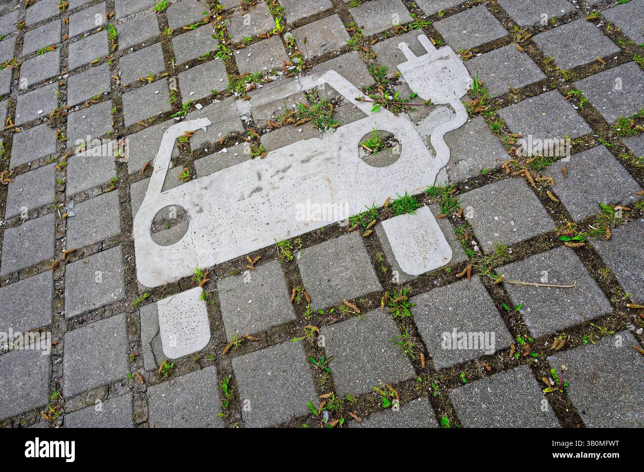 Grüne energie. Kleine Pflanzen haben ihren Platz an einem Piktogramm einer Ladestation für e-Autos gefunden. Siegsdorf Bayern Deutschland *** i piccoli impianti a energia verde hanno trovato il loro posto su un pittogramma di una stazione di ricarica per auto elettriche Siegsdorf Baviera Germania Copyright: XRolfxPossx Foto Stock