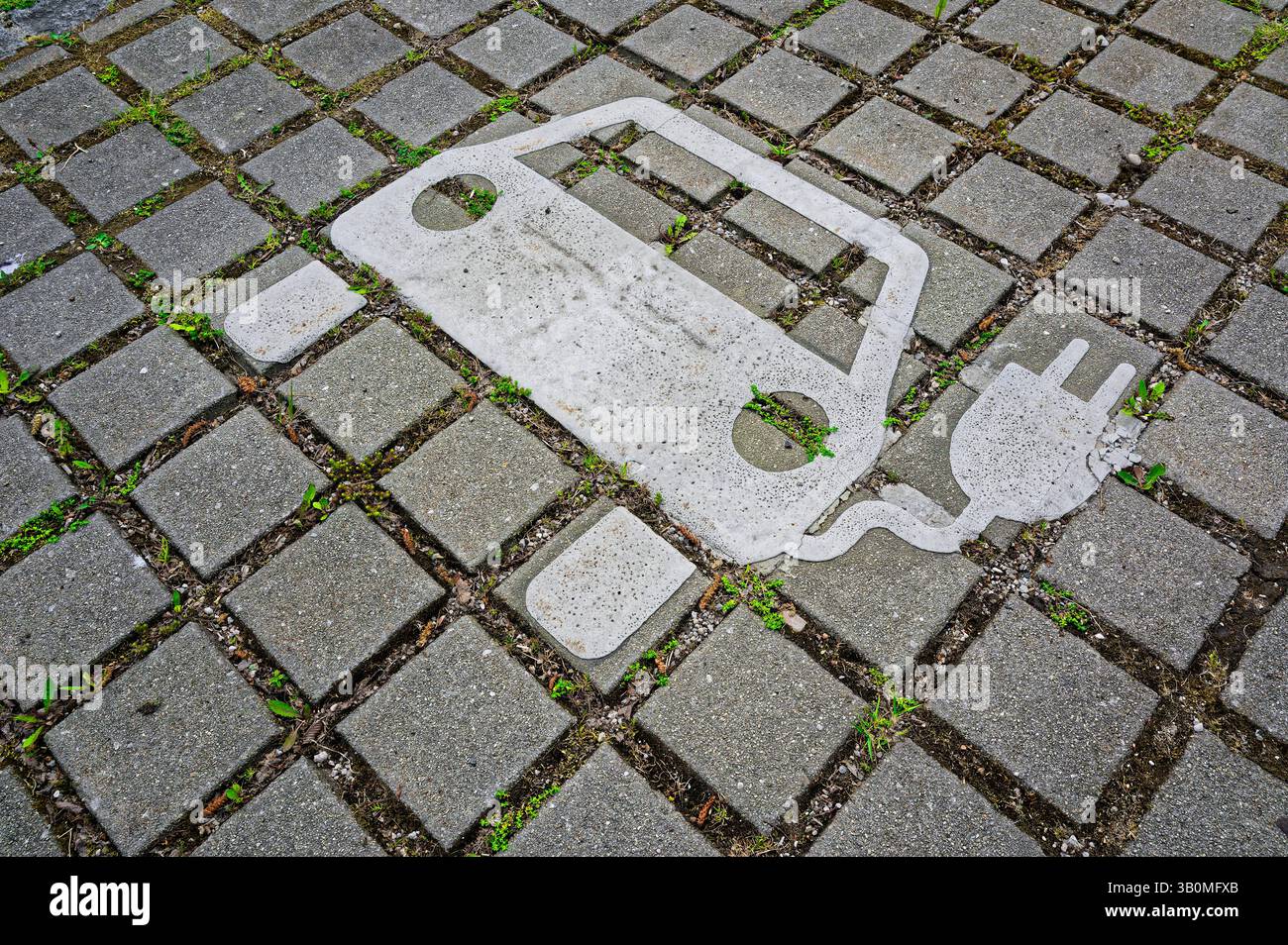 Grüne energie. Kleine Pflanzen haben ihren Platz an einem Piktogramm einer Ladestation für e-Autos gefunden. Siegsdorf Bayern Deutschland *** i piccoli impianti a energia verde hanno trovato il loro posto su un pittogramma di una stazione di ricarica per auto elettriche Siegsdorf Baviera Germania Copyright: XRolfxPossx Foto Stock