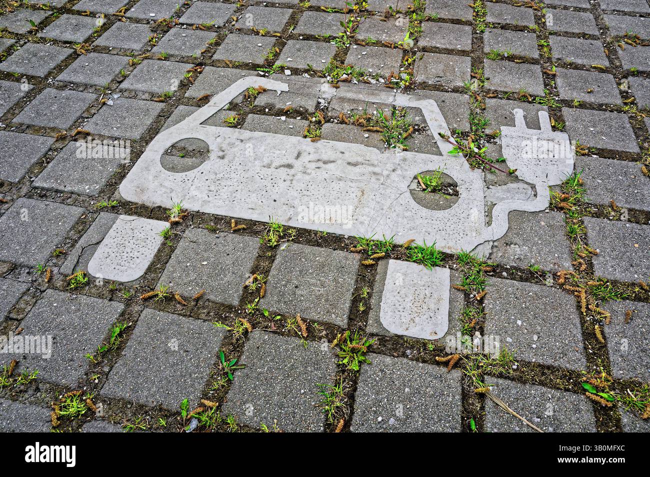Grüne energie. Kleine Pflanzen haben ihren Platz an einem Piktogramm einer Ladestation für e-Autos gefunden. Siegsdorf Bayern Deutschland *** i piccoli impianti a energia verde hanno trovato il loro posto su un pittogramma di una stazione di ricarica per auto elettriche Siegsdorf Baviera Germania Copyright: XRolfxPossx Foto Stock
