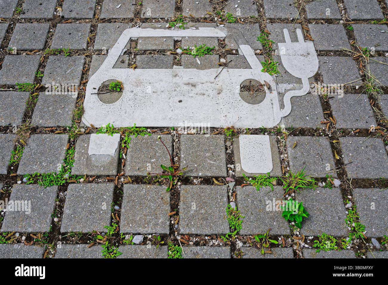 Grüne energie. Kleine Pflanzen haben ihren Platz an einem Piktogramm einer Ladestation für e-Autos gefunden. Siegsdorf Bayern Deutschland *** i piccoli impianti a energia verde hanno trovato il loro posto su un pittogramma di una stazione di ricarica per auto elettriche Siegsdorf Baviera Germania Copyright: XRolfxPossx Foto Stock
