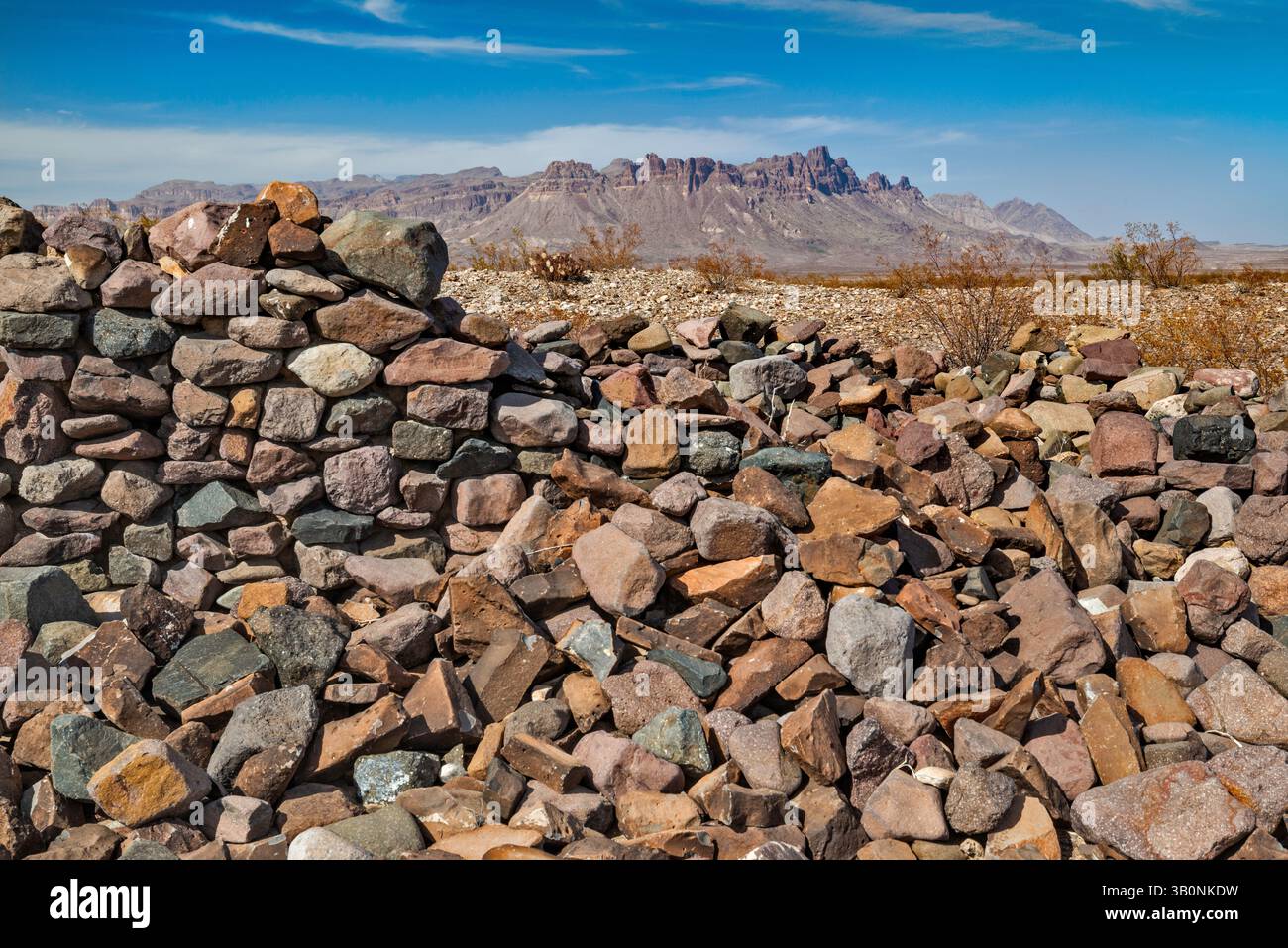 Resti di mura di pietra al Johnson Ranch, Chisos Mountains in lontananza, River Road, Chihuahuan Desert, Big Bend National Park, Texas, USA Foto Stock