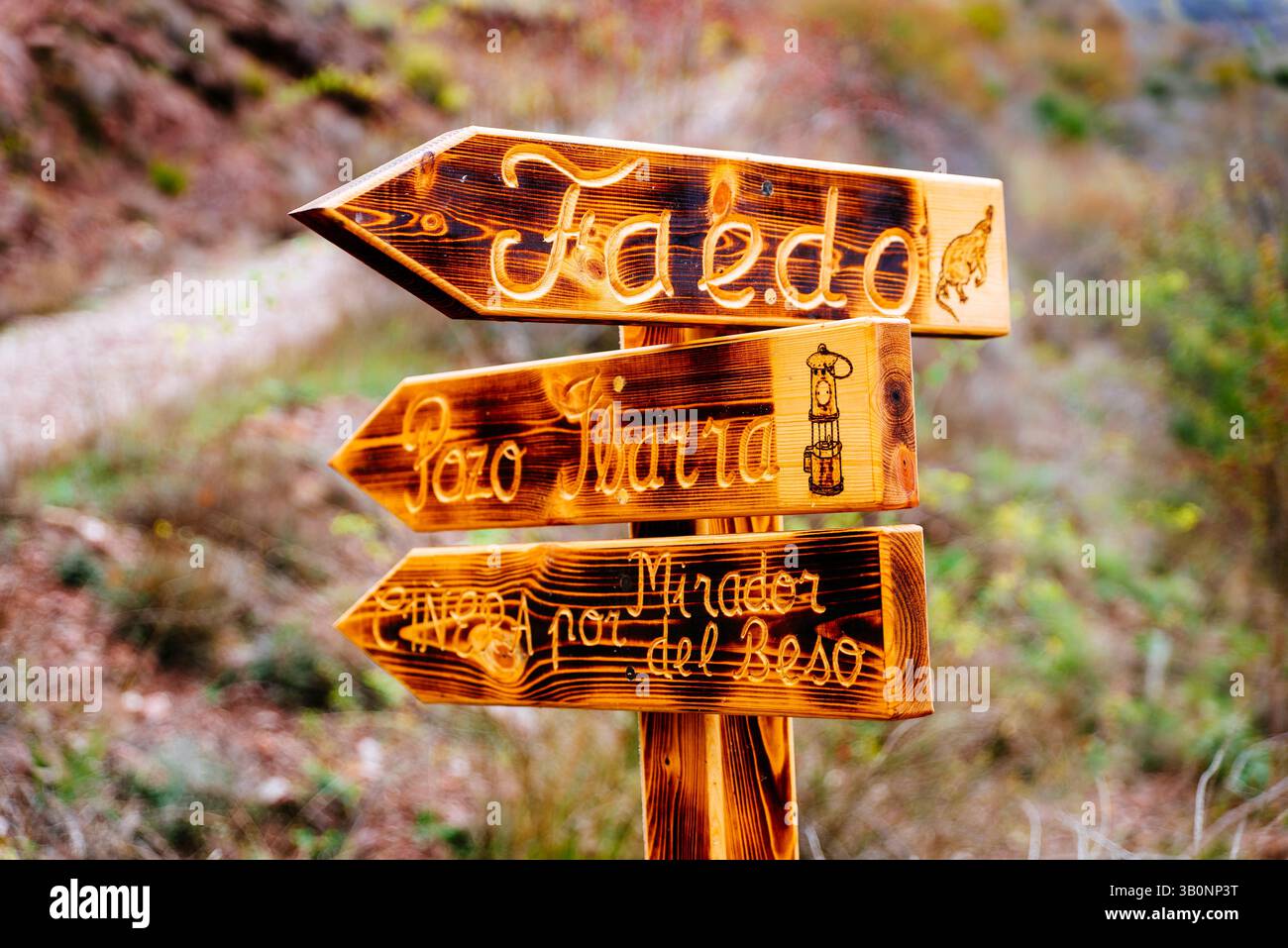 Segnale indicatore percorso. Percorso Faedo de Ciñera all'inizio dell'autunno. Ciñera, la Pola de Gordón, León, Castilla y León, Spagna, Europa Foto Stock