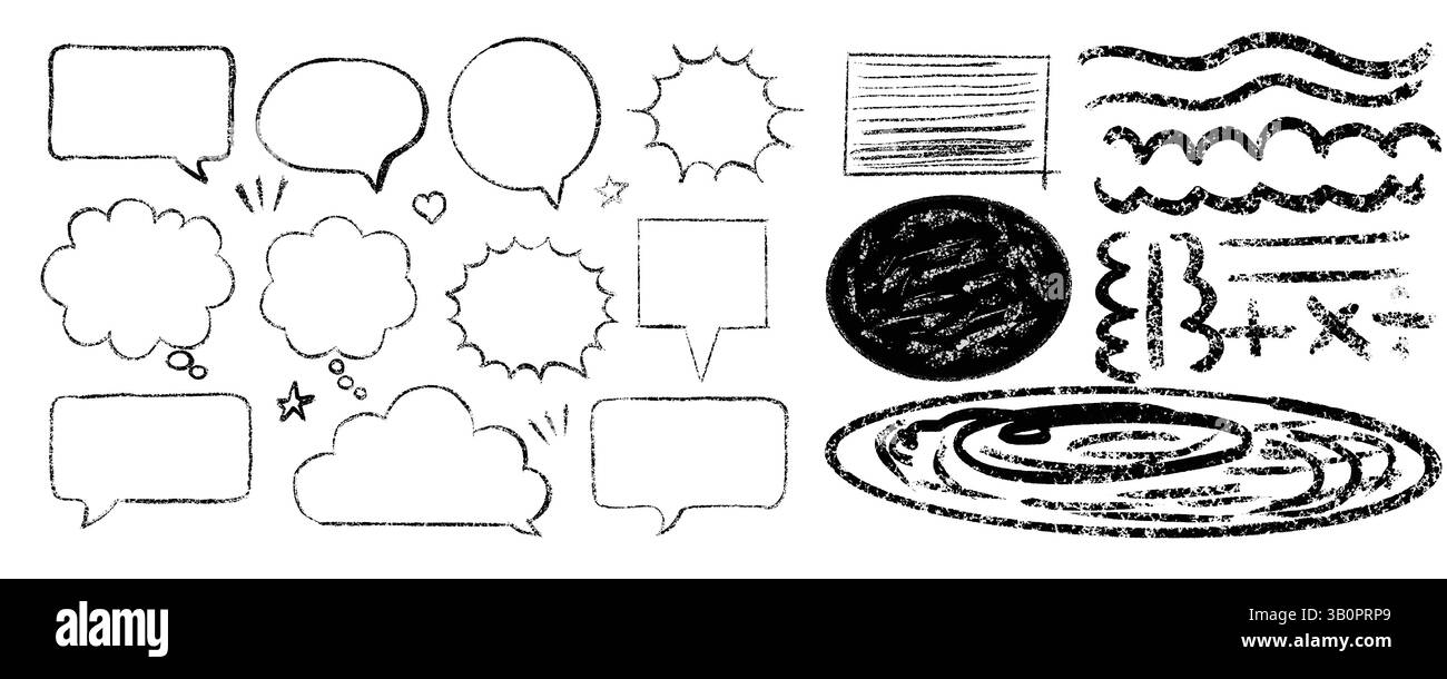 collezione di bolle vocali ed elementi decorativi disegnati a mano, con forme a nuvola, ovali, rettangolari e stelle. Illustrazione Vettoriale