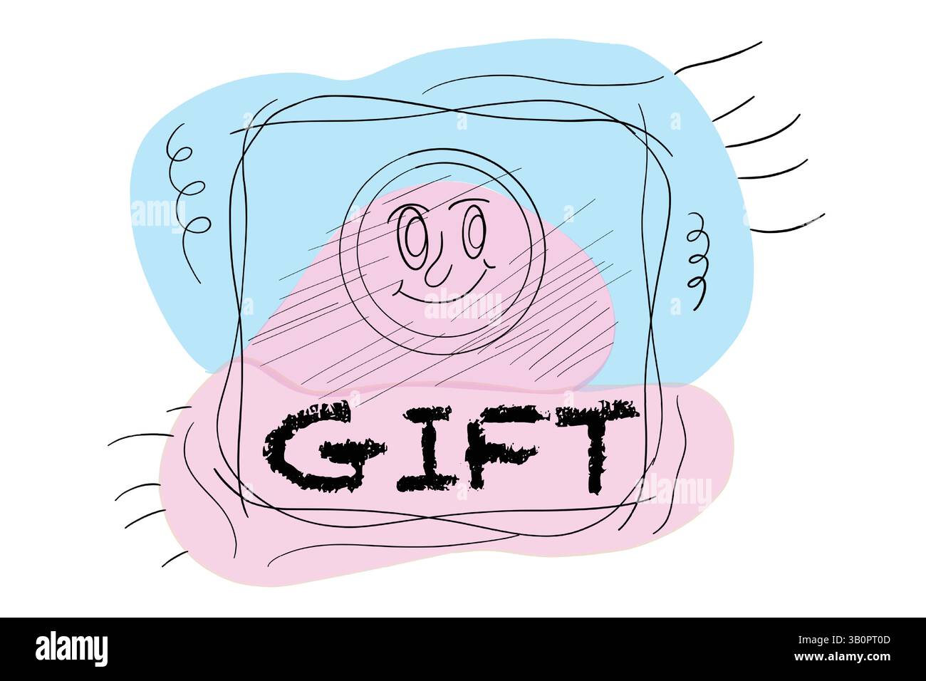 Un volto sorridente e la parola "REGALO" in grassetto, lettere testurizzate, sfondo composto da forme blu e rosa con scarabocchi e linee nere. Illustrazione Vettoriale