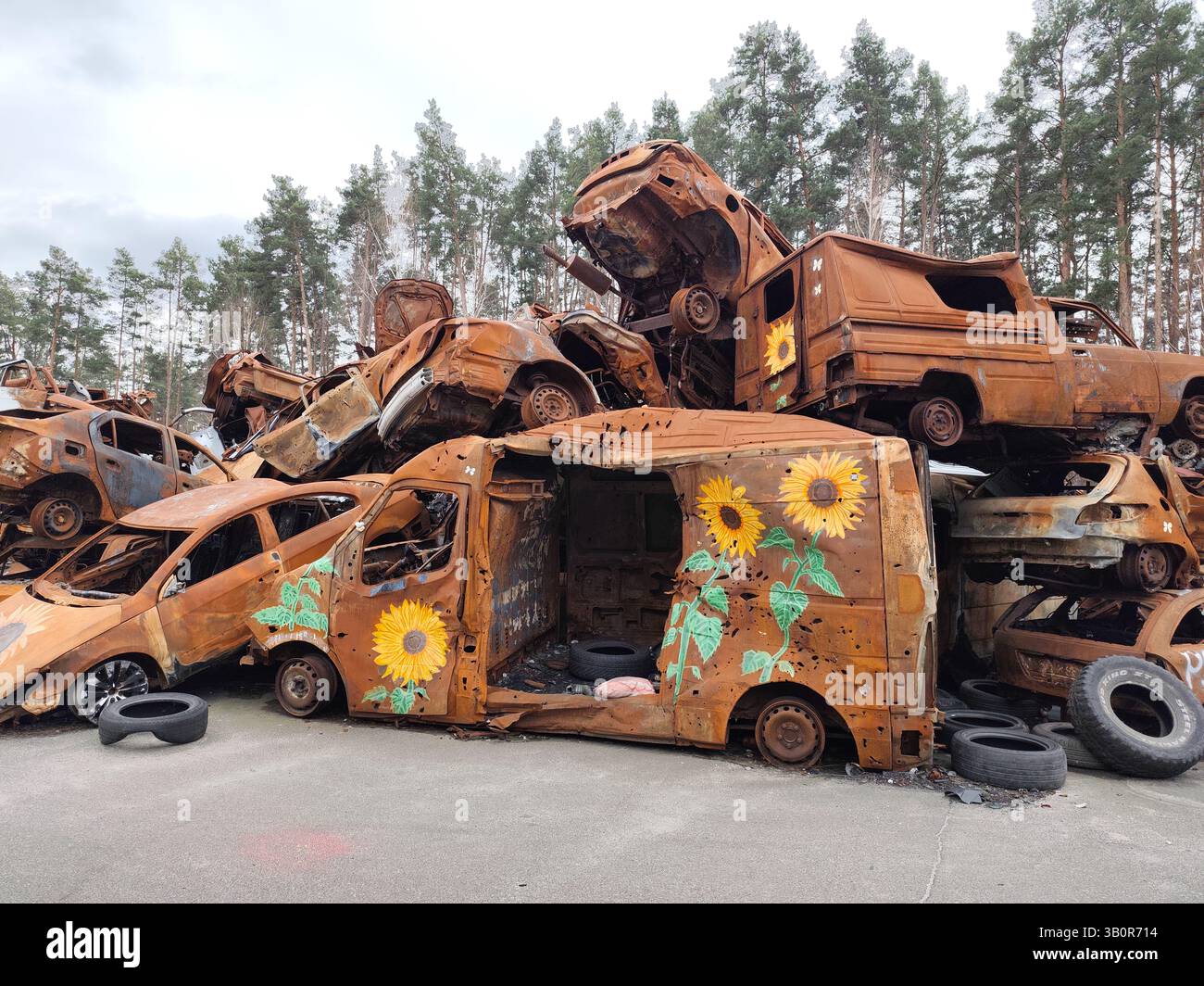 Auto civili bruciate a Irpin come risultato della guerra Foto Stock