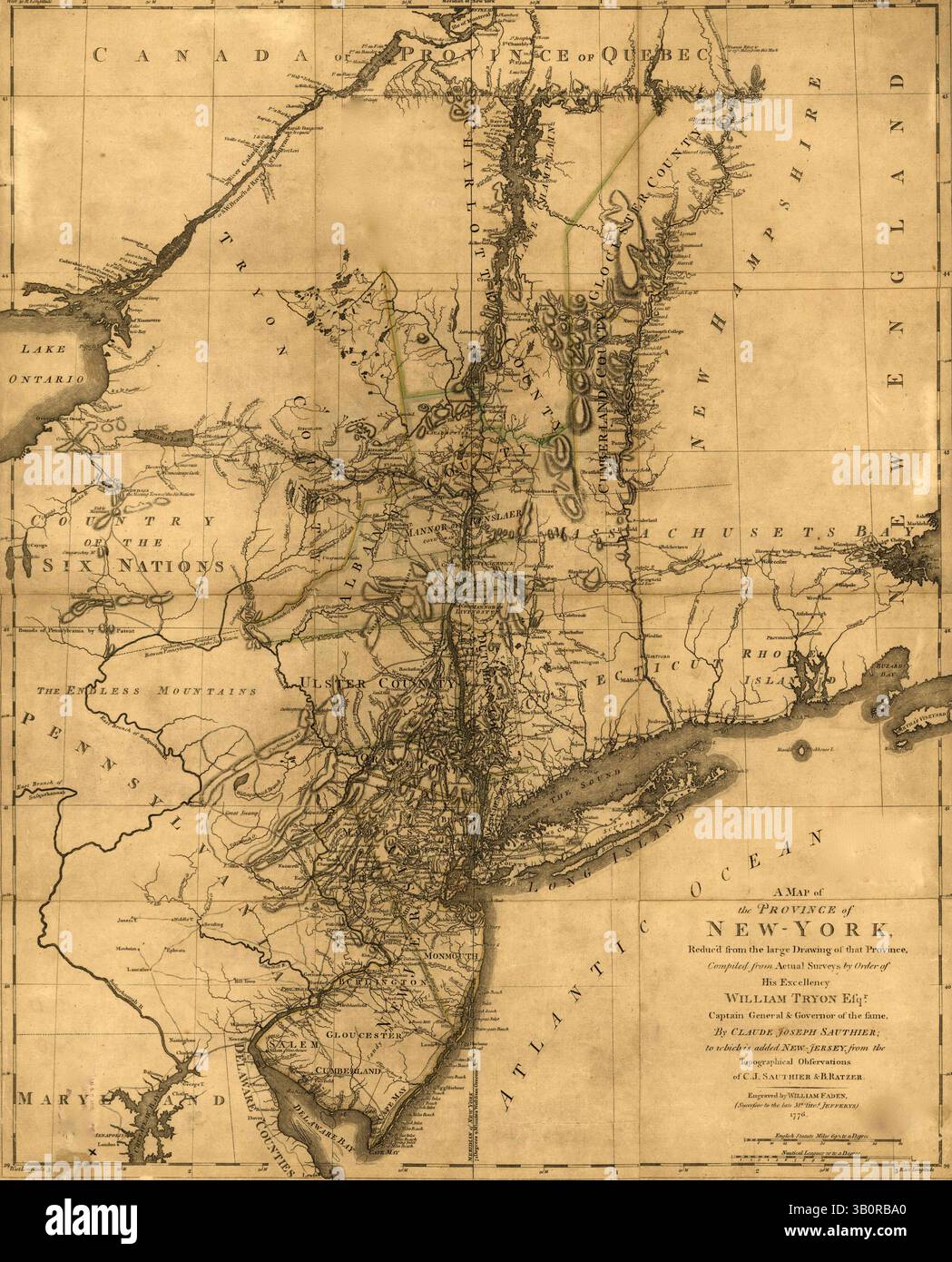 6 giugno 1776 - New York, Stati Uniti - New York durante la Guerra d'indipendenza - Una mappa della Provincia di New York ridotta dal grande disegno di quella Provincia, compilata da indagini effettive per ordine di sua Eccellenza William Tryon, Scudiero, Capitano generale & Governatore dello stesso, di Claude Joseph Sauthier (immagine di credito: © BuyEnlarge/ZUMAPRESS.com) Foto Stock