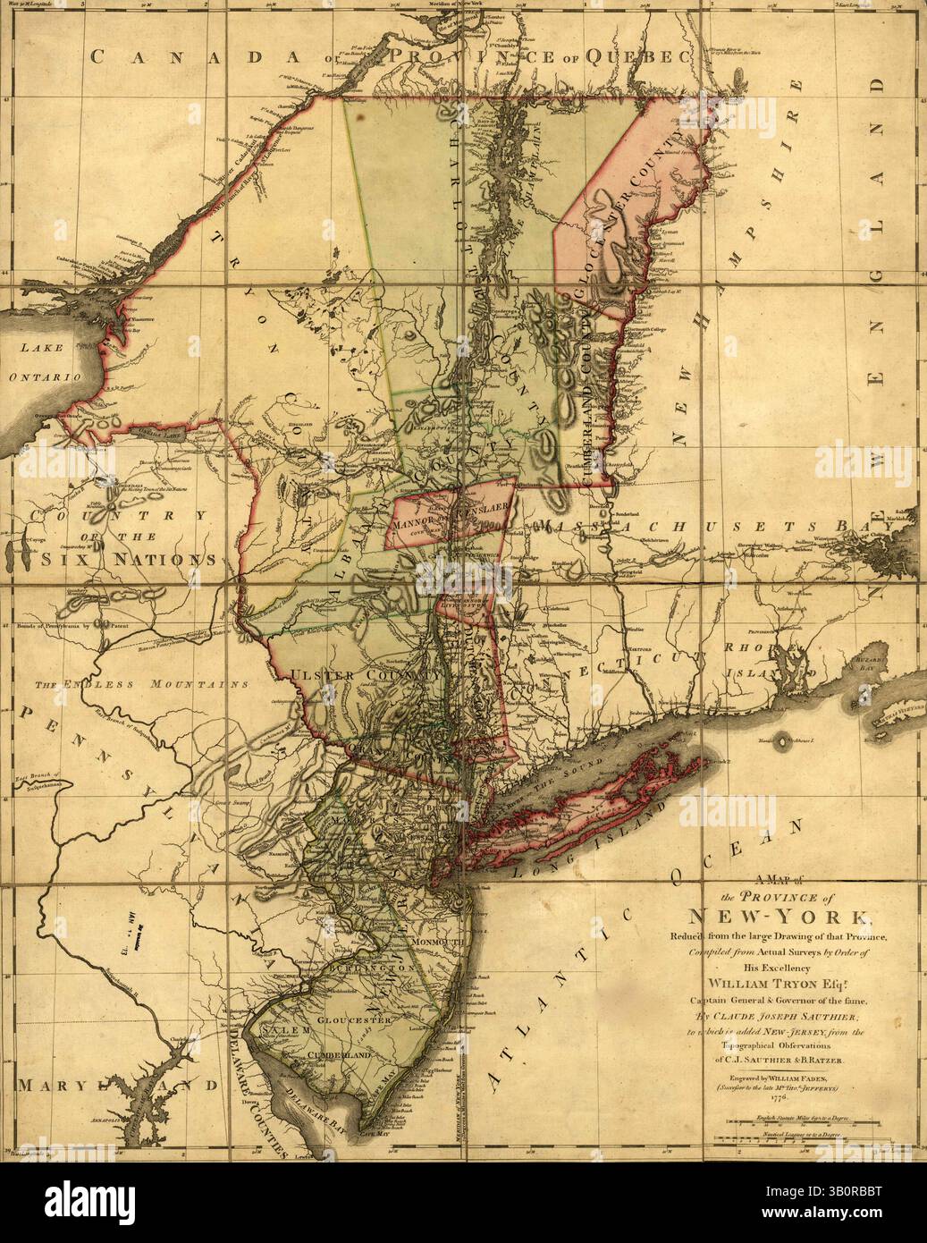 6 giugno 1776 - New York, Stati Uniti - New York durante la Guerra d'indipendenza - Una mappa della Provincia di New York, ridotta dal grande disegno di quella Provincia, compilata da indagini effettive per ordine di sua Eccellenza William Tryon, Scudiero, Capitano generale & Governatore dello stesso, di Claude Joseph Sauthier; a cui si aggiunge New-Jersey (Credit Image: © BuyEnlarge/ZUMAPRESS.com) Foto Stock