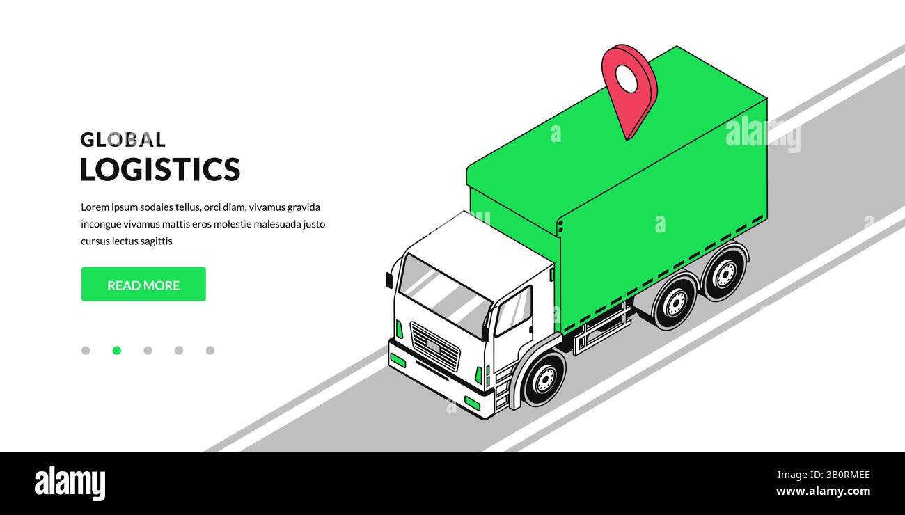 Logistica globale, business shipping delivery concept. Illustrazione isometrica 3d vettoriale del carrello con simbolo di geolocalizzazione per landing page Web, banner d Illustrazione Vettoriale