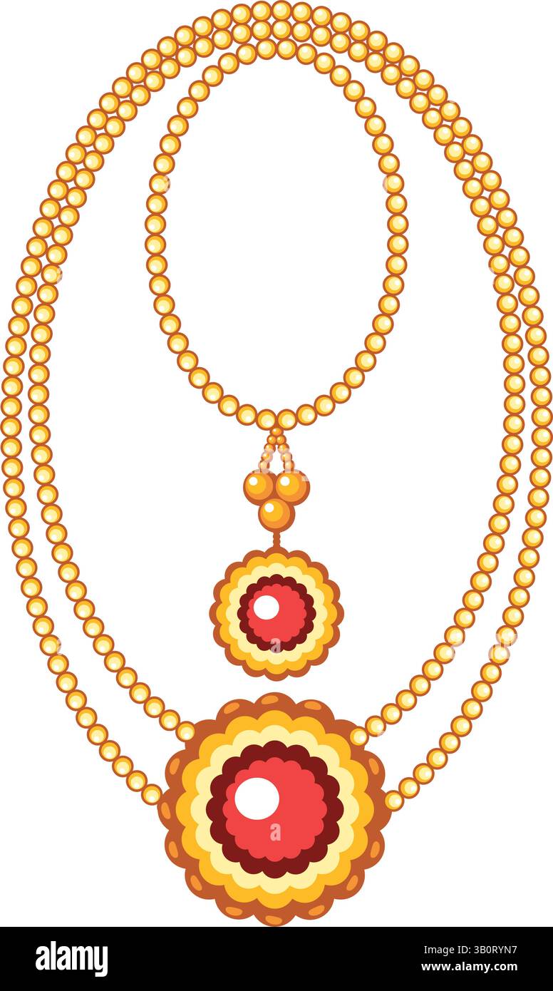 Gioielli indiani, collana doppia in oro tradizionale, con pendente in gemme, Shine Vector Illustrazione Vettoriale