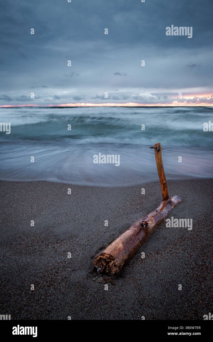 Un pezzo di legno di mare si staglia nella sabbia bagnata mentre le onde si infrangono sotto un cielo spettacolare e coperto. In lontananza, una striscia di tramonti luccicanti Foto Stock
