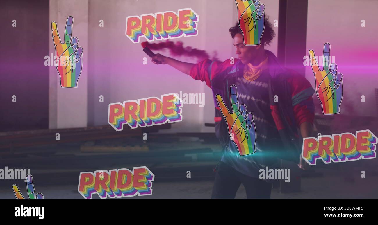 Immagine dell'orgoglio e dell'arcobaleno che consegna il manifestante afroamericano con fumo Foto Stock