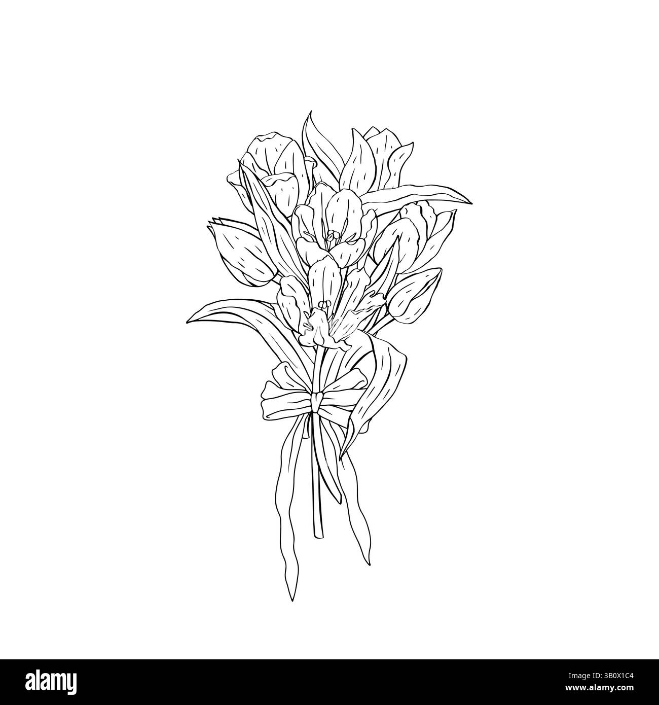 Bellissimo bouquet di fiori di tulipani bianchi e neri disegnati a mano con fantasiose opere d'arte in linea con il nodo di prua Illustrazione Vettoriale
