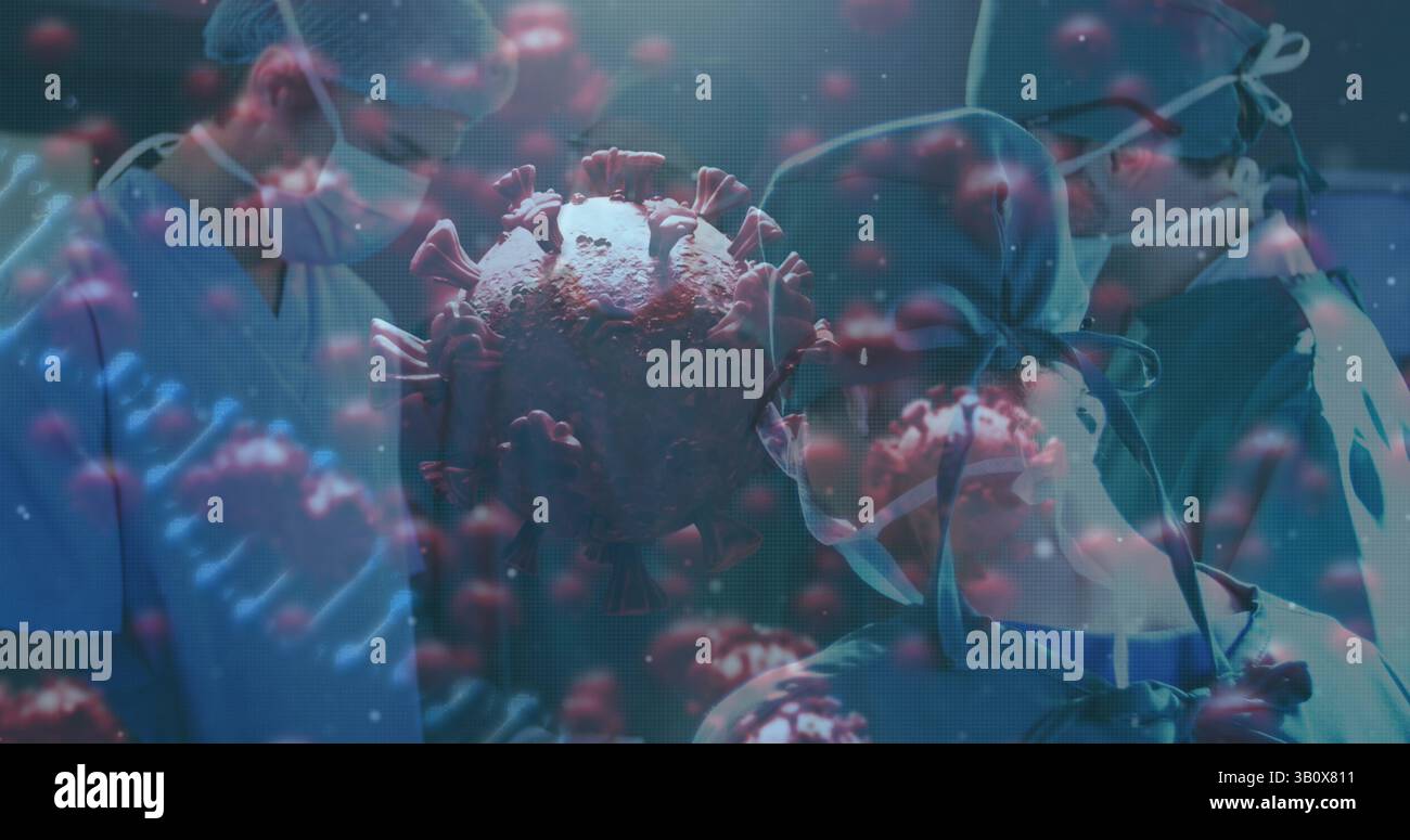 Mostra un grande modello di coronavirus 3D che si libra sopra la sala operatoria, con chirurghi mascherati sotto le luci Foto Stock