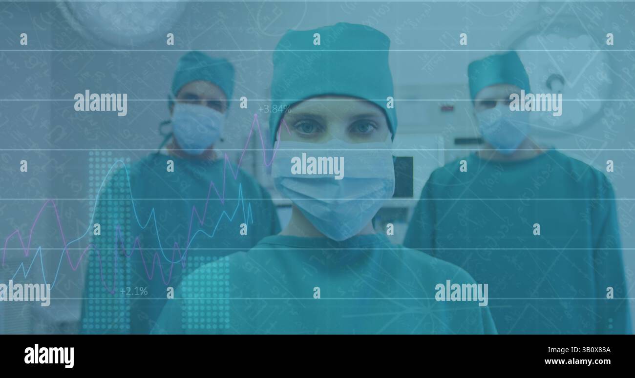 Immagine di elaborazione dati medici su chirurghi caucasici in maschere facciali Foto Stock