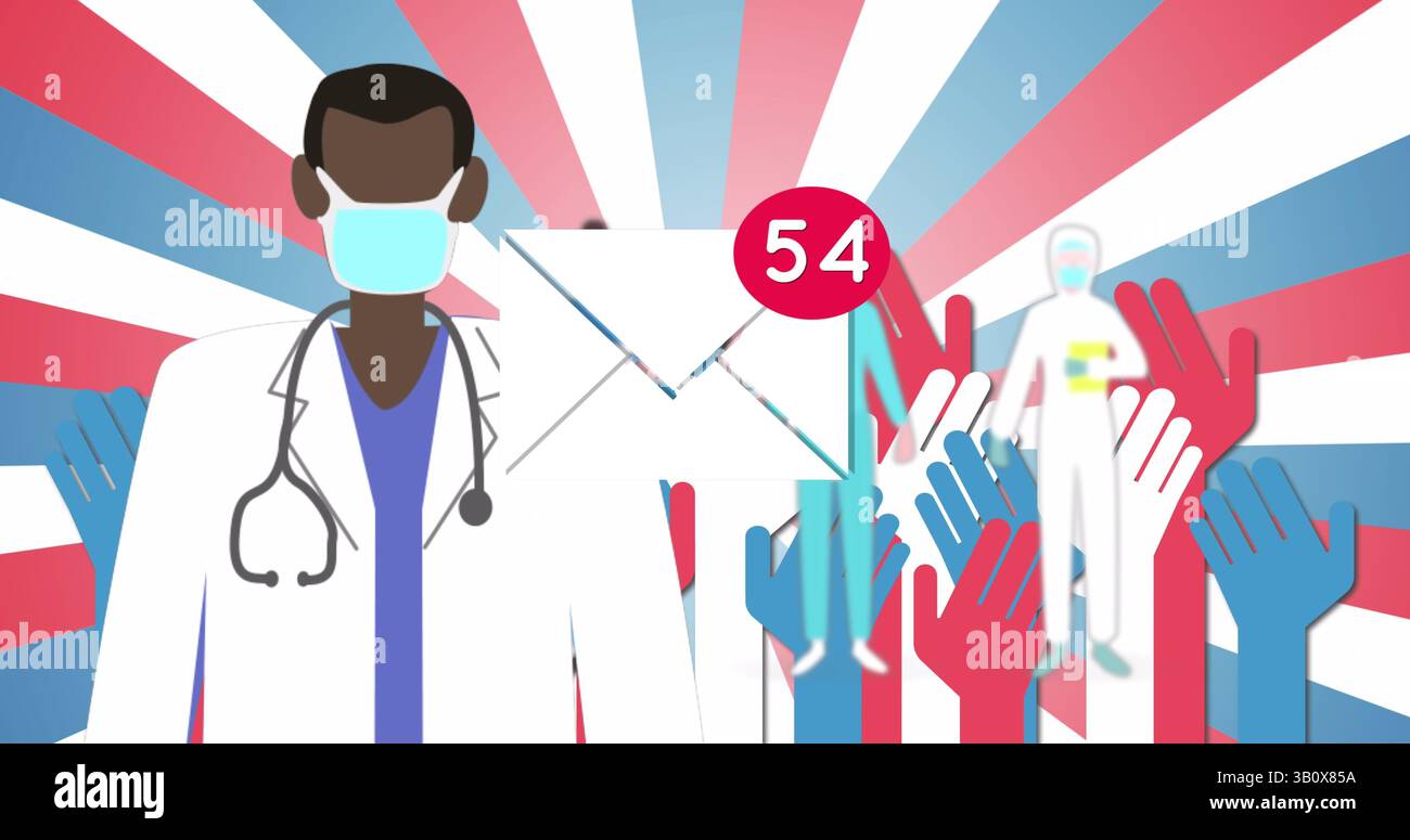 Immagine dell'icona del messaggio sopra il medico che indossa la maschera Foto Stock