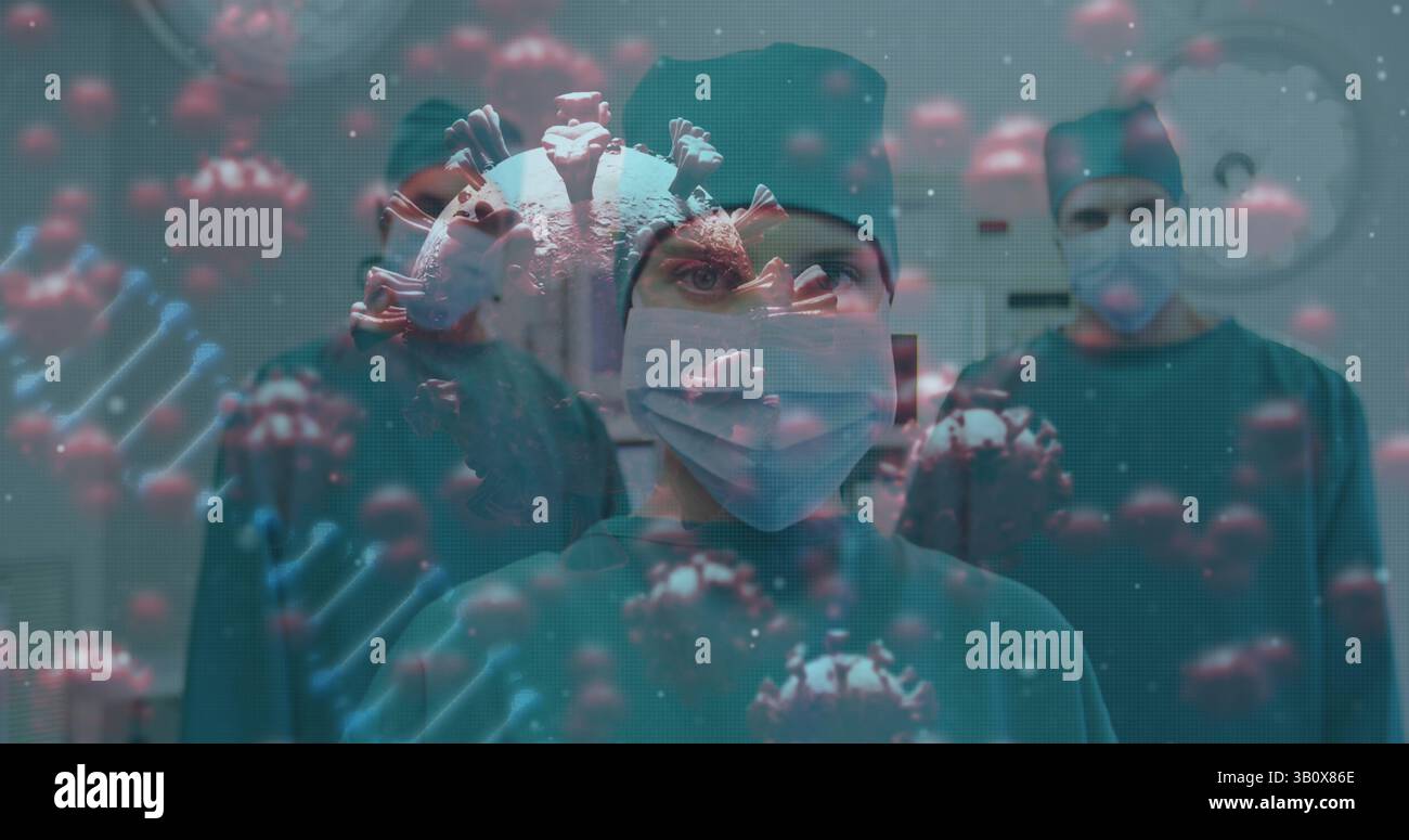 Mostra il team di leader del chirurgo femminile in sala operatoria dell'ospedale, con virus 3D e sovrapposizioni DNA Foto Stock