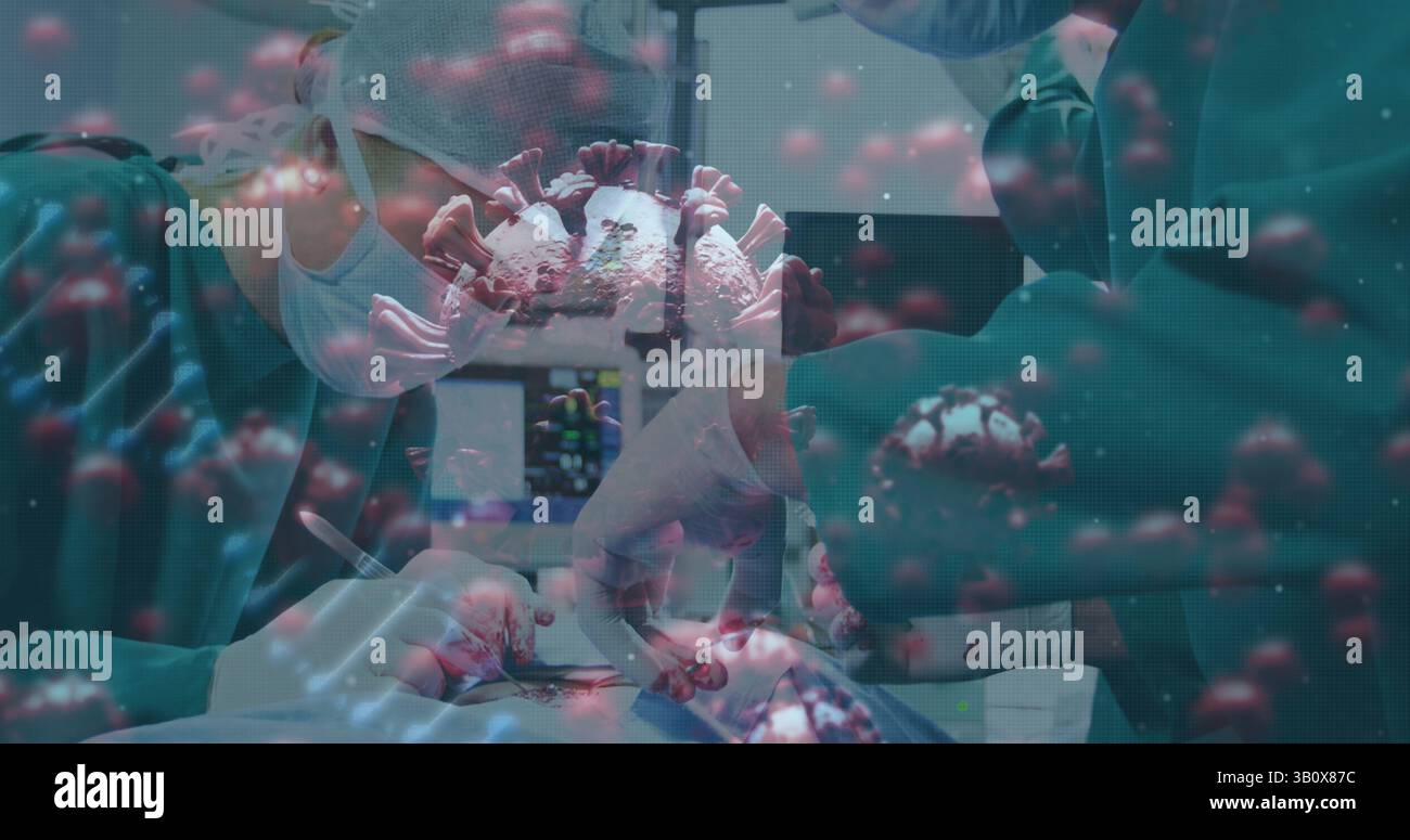 Esecuzione di interventi chirurgici di gruppo chirurgico che manipolano gli strumenti sul paziente in SALA OPERATORIA, con sovrapposizione coronavirus Foto Stock