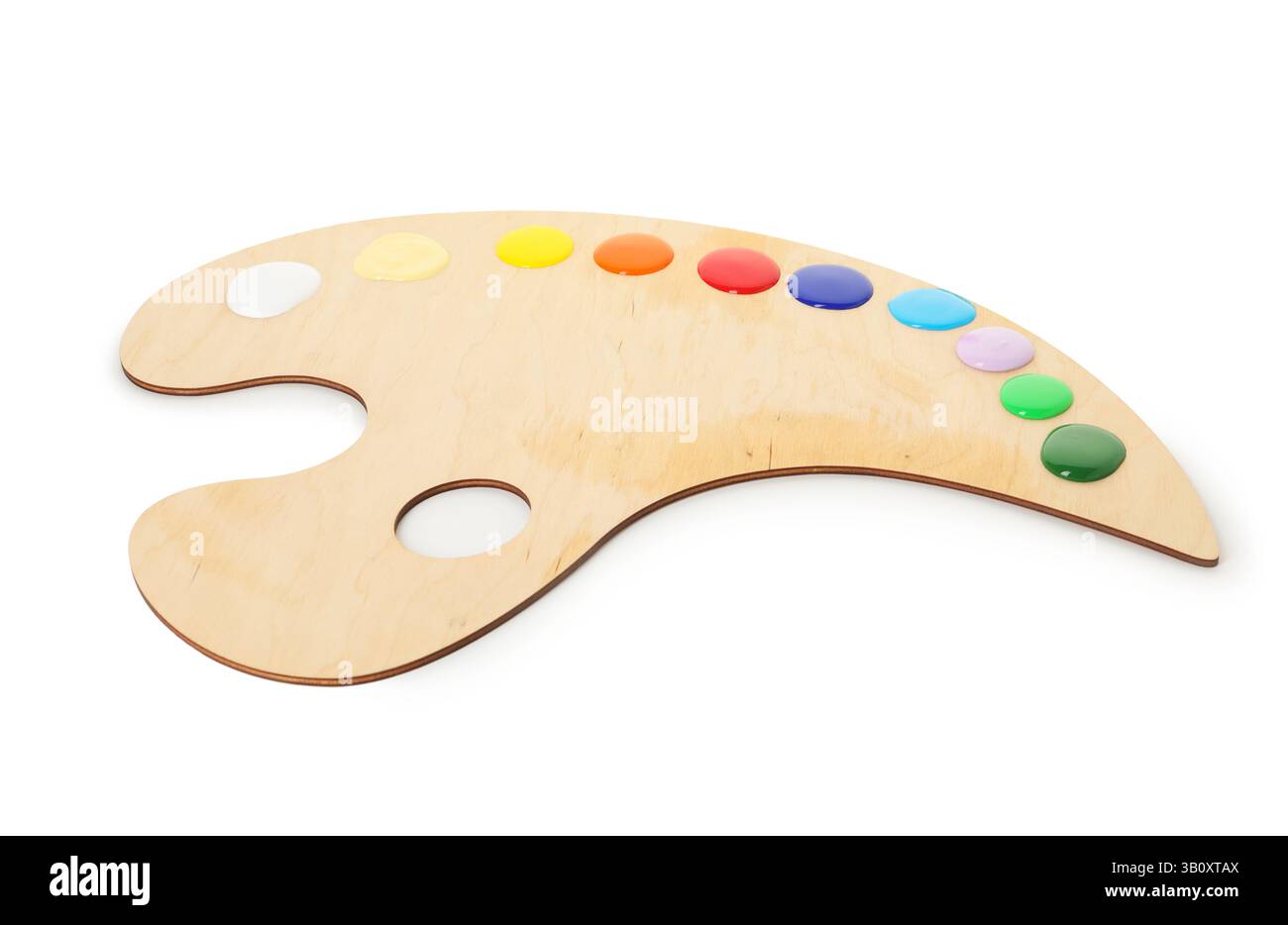 Palette di legno con vernici isolato su bianco Foto Stock