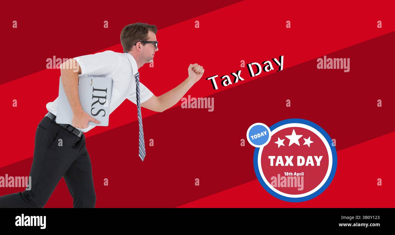 Immagine del testo del giorno delle tasse su un uomo d'affari caucasico su sfondo rosso Foto Stock
