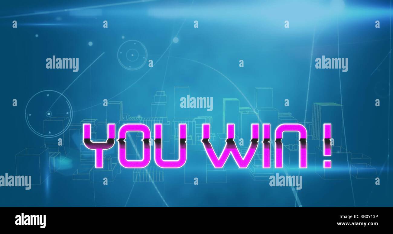 Immagine di un vincitore del testo e della città su sfondo blu Foto Stock