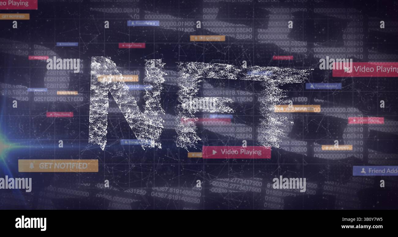 Banner di testo NFT e icone dei social media rispetto alla rete di connessioni e all'icona della catena di sicurezza Foto Stock