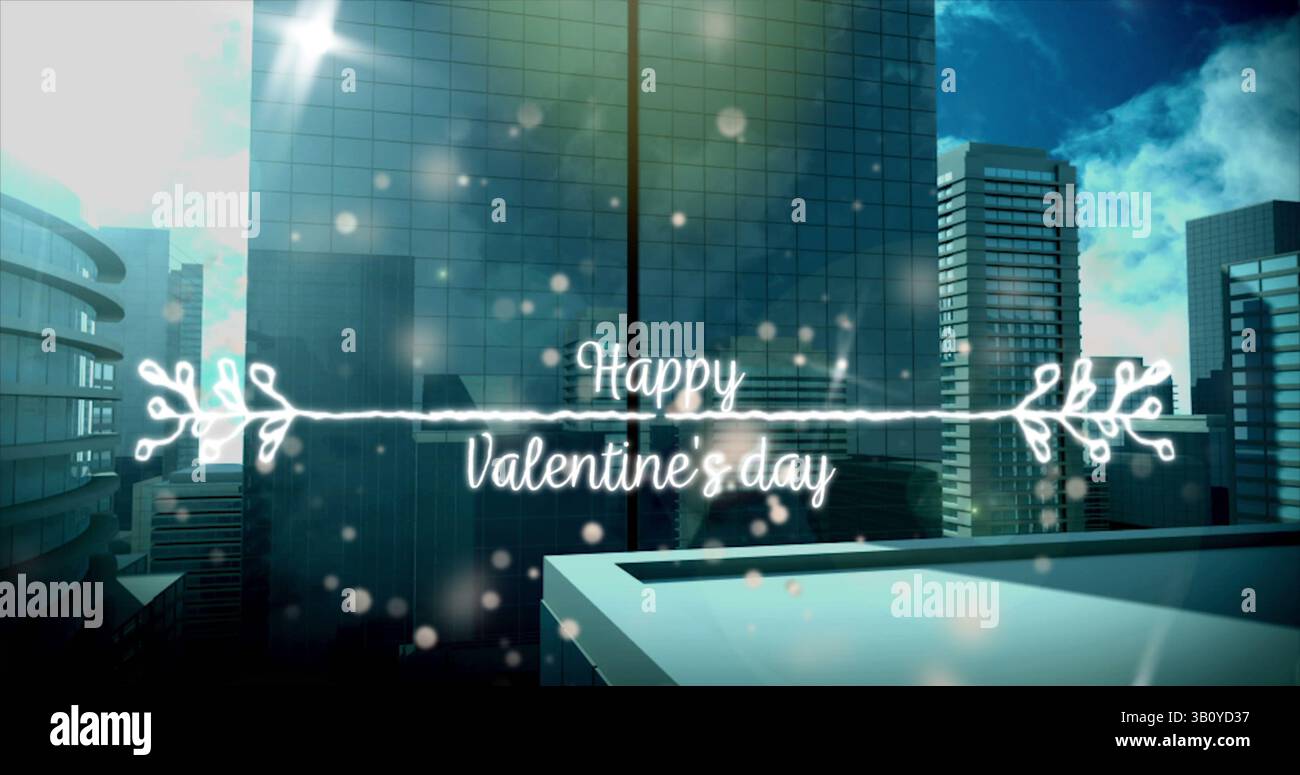 Immagine del testo del giorno felice delle Valentine sopra il paesaggio urbano Foto Stock