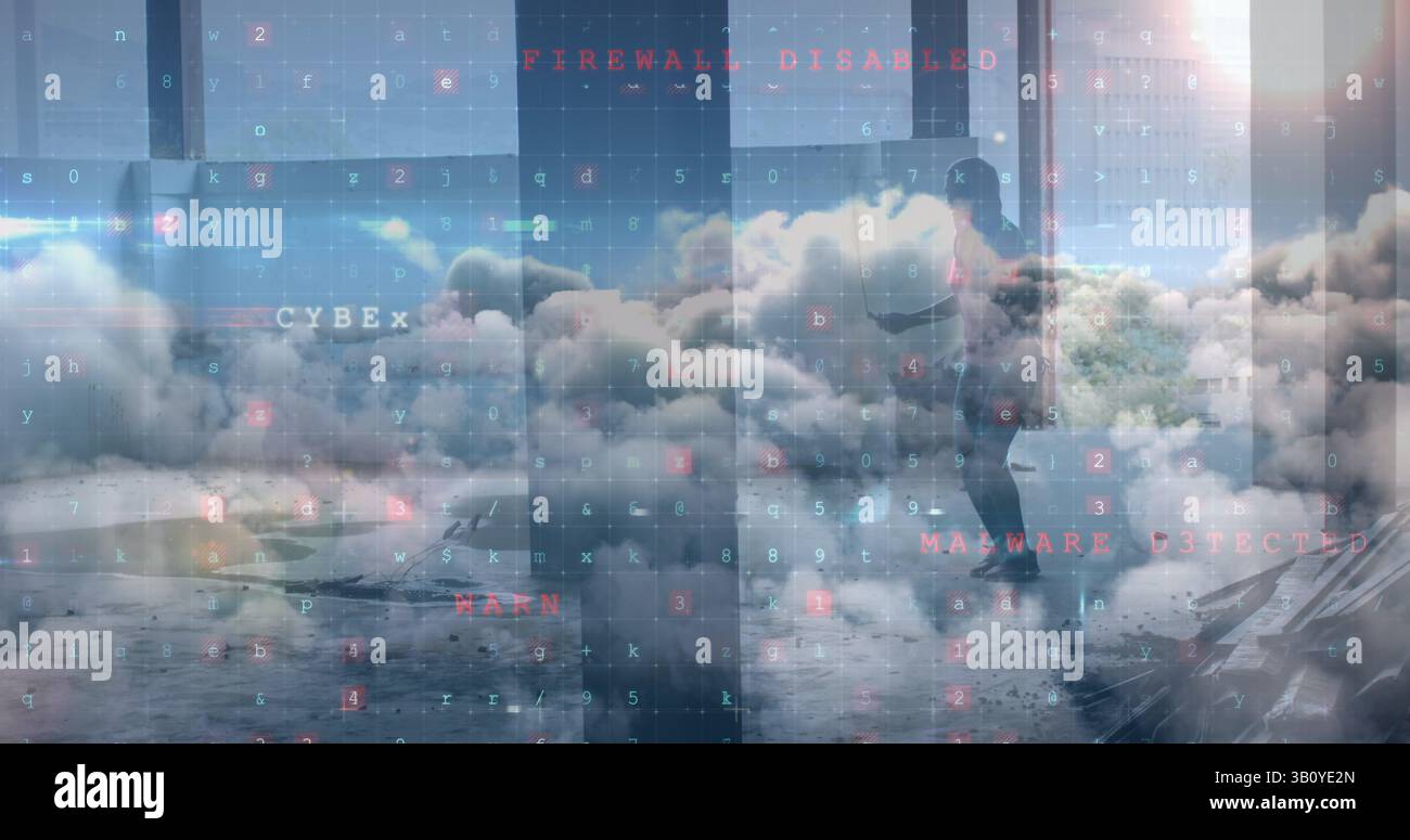 Immagine dell'avviso di cyber attacco sulle nuvole e dell'uomo che salta con la corda saltando Foto Stock