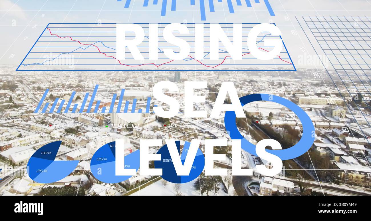 Immagine dell'innalzamento del livello del mare sul grafico finanziario e sul paesaggio urbano Foto Stock