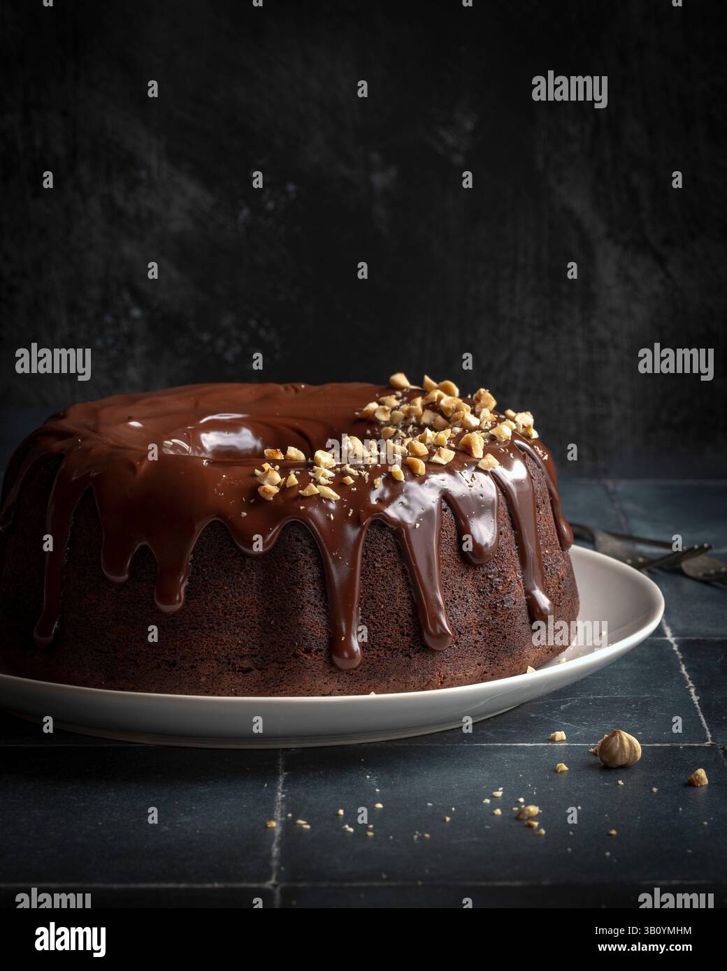 Torta al cioccolato con farcitura di ganache e nocciole tritate Foto Stock
