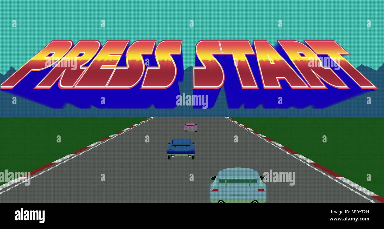 Immagine del testo di avvio della stampa sullo schermo con l'immagine di una gara automobilistica Foto Stock