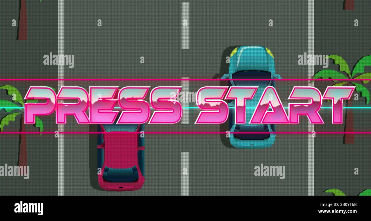 Immagine del testo di avvio della stampa sullo schermo con il gioco di corse automobilistiche sullo sfondo Foto Stock