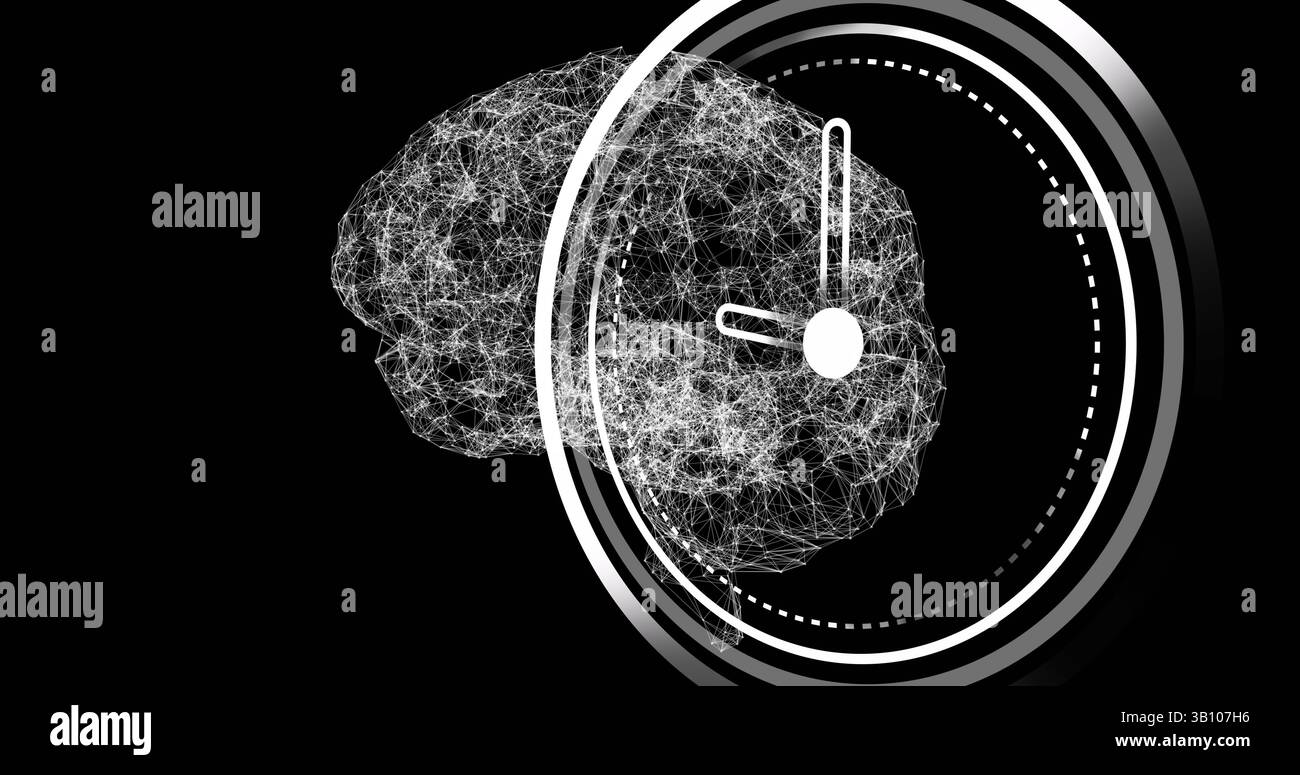 Immagine dell'orologio che si muove sul cervello su sfondo nero Foto Stock