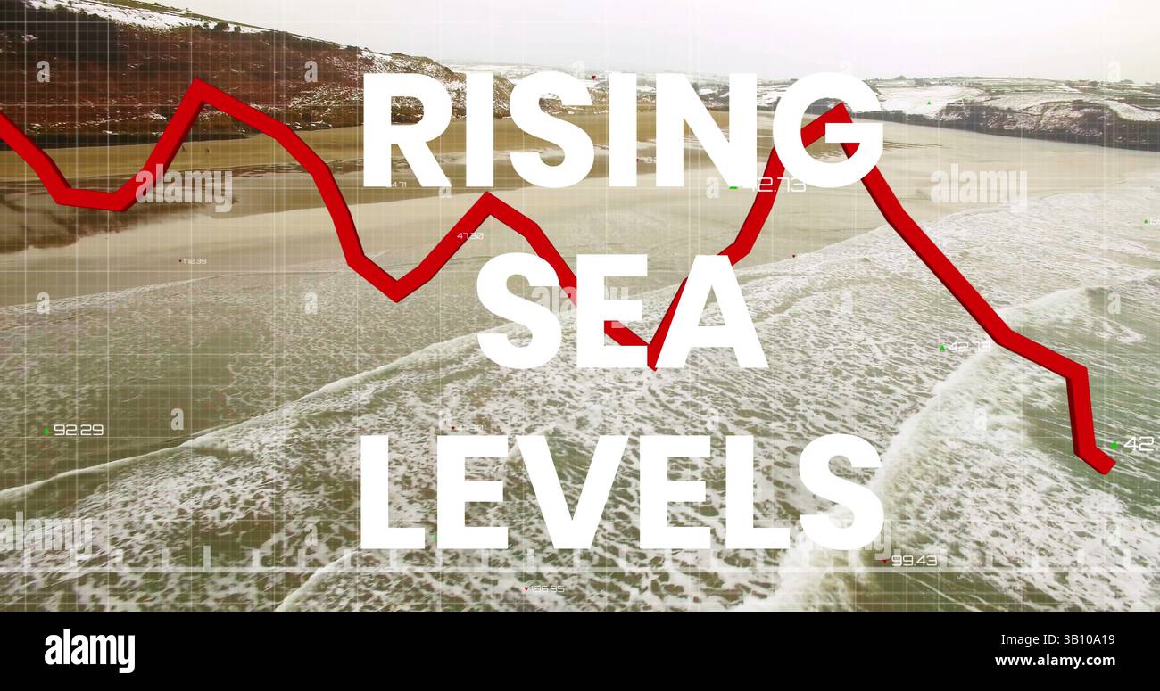 Immagine dell'innalzamento del livello del mare rispetto al grafico finanziario e al paesaggio marino Foto Stock