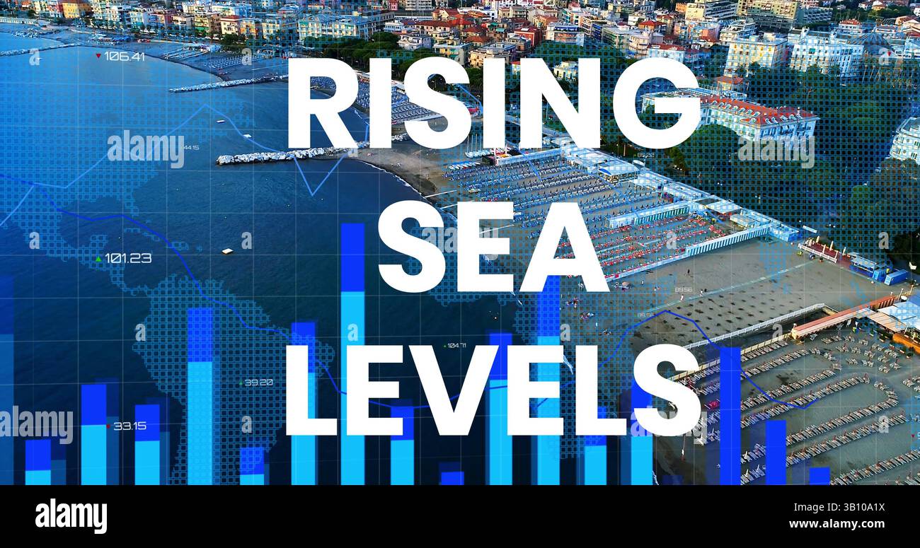 Immagine dell'innalzamento del livello del mare rispetto al grafico finanziario e al paesaggio marino Foto Stock